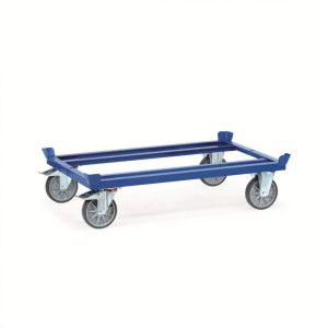 Palettenwagen mit 4 Fangecken, 2 x Bockrollen, 2 x Lenkrollen gebremst, Gummirollen