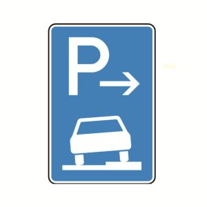 Schild "Parken auf Gehwegen halb in Fahrtrichtung rechts Ende", 63cm, (315-57)