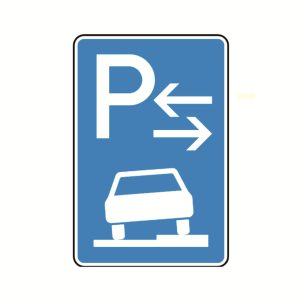 Schild "Parken auf Gehwegen halb in Fahrtrichtung rechts Mitte", 63cm, (315-58)