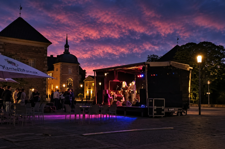 Mobile Bühne mit Licht- und Tontechnik bei einer Firmenveranstaltung am Abend